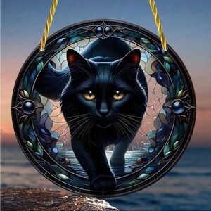 Mystical Witch Black Cat 2 Sided Acrylic Sun Catcher With Metal Chain